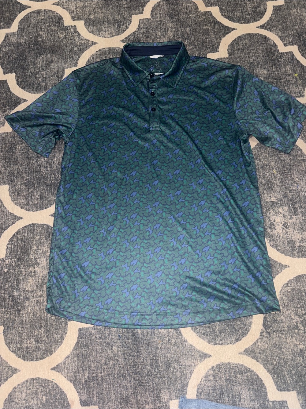 Swannies Golf Men's Medium Polo Shirt Blue Green Geometric Pattern Short Sleeve